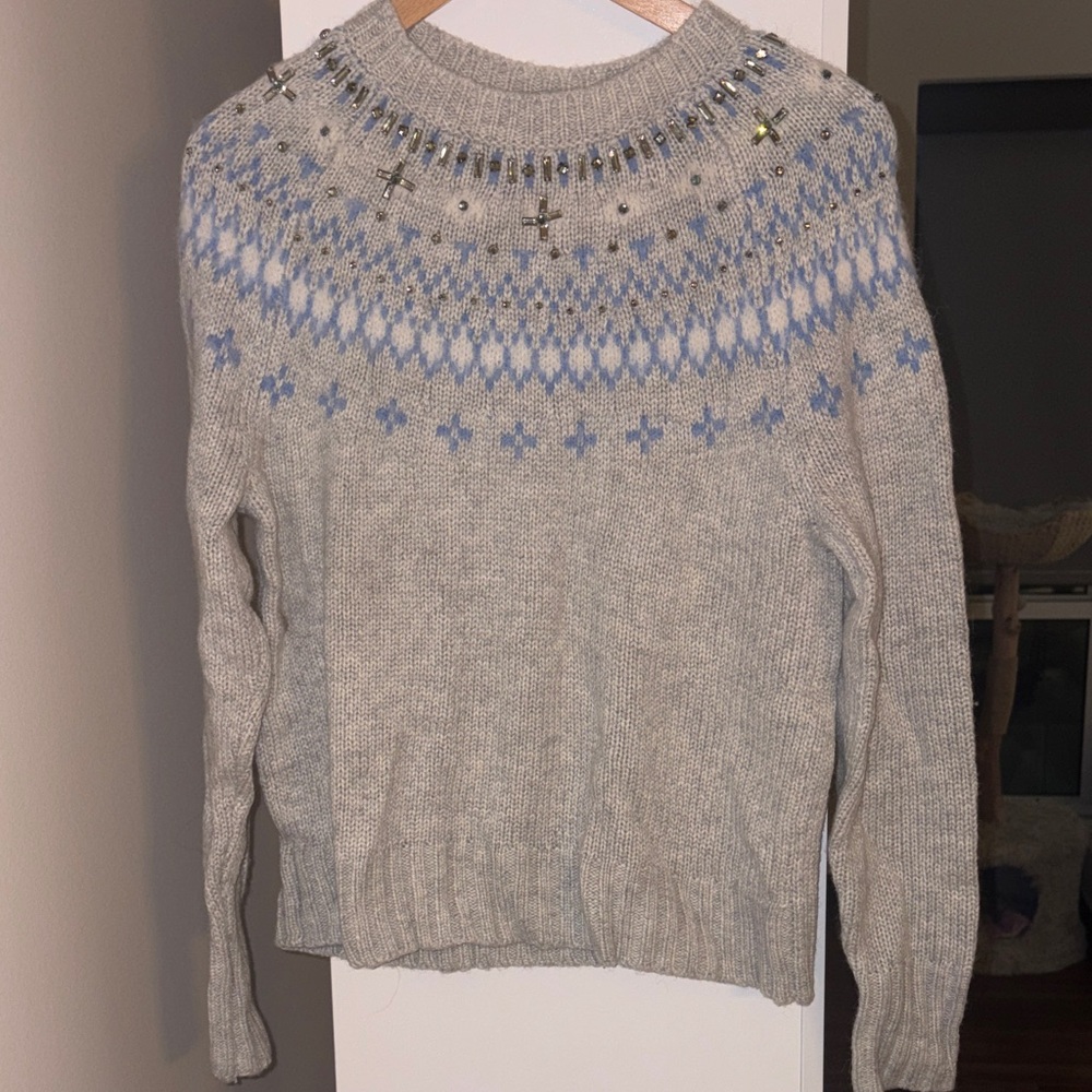 J. Crew Gray and Blue Embellished Sweater